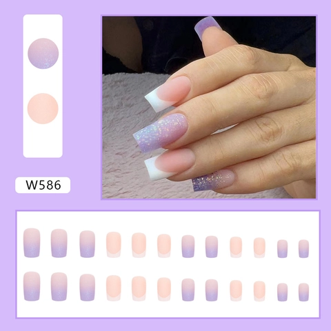 Matte Lila Press On Nails Mittelgroße Quadratische Künstliche Nägel Mit Glitzer French Tips Einfacher Süßer Stil