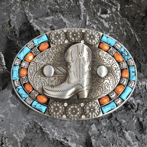 Western Cowboy Riemgesp Vintage Ovaal Zinklegering Reliëf Laars Turquoise Houten Kraal Inlaid Accessoire Voor Heren Dames