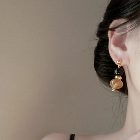 Orecchini Pendenti Vintage Con Perno In Argento 925 Resina Ambra Marmorizzata Perla Nera Gioielli Per Donna