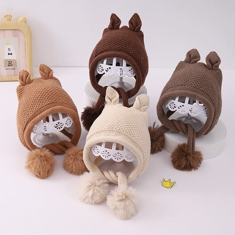 Baby Strickmütze Mit Ohrenklappen Warm Winter Winddicht Tierohren Bommel Häkelmütze Für Kleinkinder