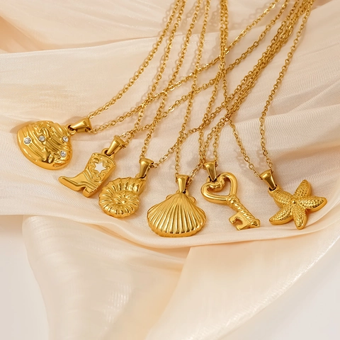 Oceaan Thema Schelp Zeester Hart Sleutel Cowboylaars Hanger Ketting 18K Verguld Roestvrij Staal Hypoallergeen Vrouwen
