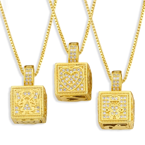 Cubic Zirconia Cube Pendant Necklace Copper Box Chain Hip Hop Jewelry Butterfly Heart Boy Girl Crown Ins Style