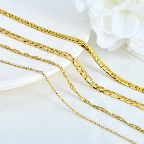 18K Gold Plated 316L Stainless Steel Chain Necklace Minimalist Non-Tarnish Snake Figaro Rope O-Chain DIY For Women Men