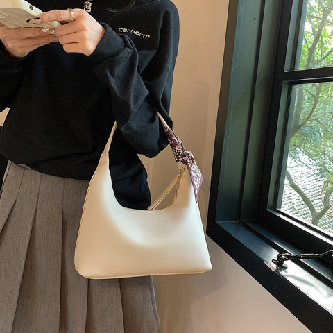 Minimalist Women PU Leather Hobo Underarm Bag With Decorative Satin Scarf Solid Color Zipper Closure Small Shoulder Bag
