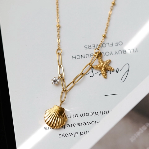 Shell Starfish Pendant Necklace Anklet Stainless Steel Zircon Summer Beach Vacation Elegant Jewelry For Women