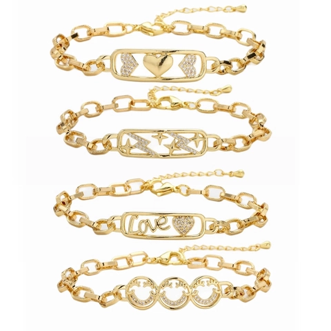 Bracciale Regolabile In Rame Placcato Oro Con Zirconi Faccina Sorridente Cuore Love Fulmine Stella Per Donna