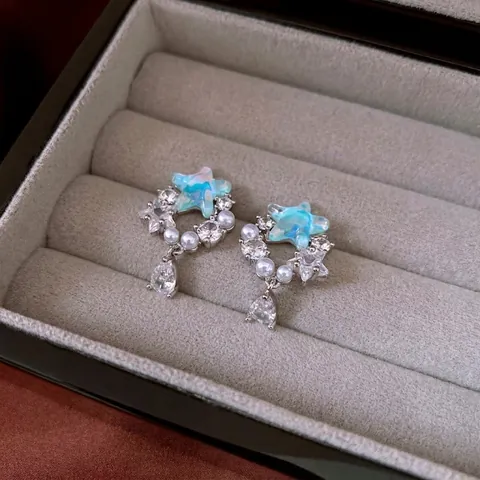 Star Drop Earrings With Zircon Imitation Artificial Pearl And Silver Earring Post Elegant Delicate Fashion Jewelry For Women
