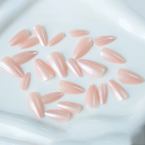Pearlescent Almond Press On Nails Nude Pink Solid Color Artificial Fingernails For Women Elegant Gentle Style Manicure