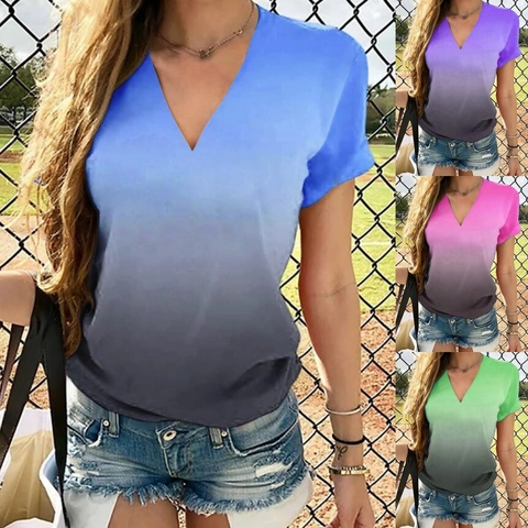 Camiseta de Mujer Casual con Cuello en V Degradado Bordado Ajuste Holgado de Poliéster de Manga Corta para el Verano