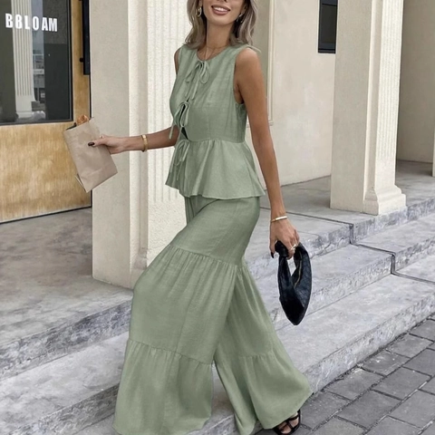 Women Sleeveless Bow Tie Peplum Top And Tiered Wide Leg Pants Outfits Vacation Streetwear Casual Crepe Texture