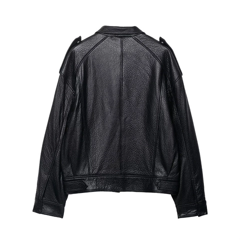 Giacca In Pelle PU Donna Oversize Ecopelle Streetwear Biker Con Colletto A Revers Cerniera E Spalline Nero