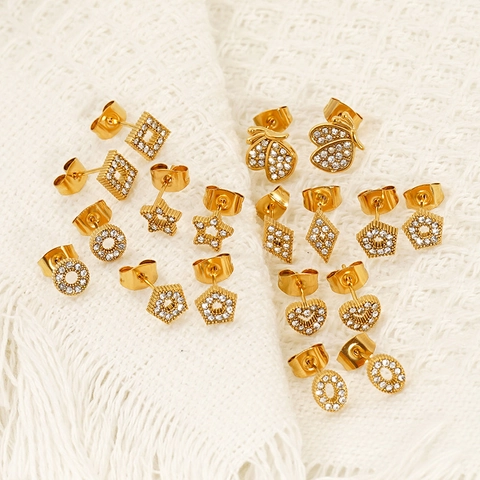 Heart Star Butterfly Stud Earrings 18K Gold Plated 304 Stainless Steel Zircon Waterproof Hypoallergenic For Women