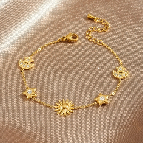 Roestvrijstalen Vergulde Zon Maan Ster Bedelarmband Met Zirkoon Sierlijke Hemelse Verstelbare Sieraden Voor Dames