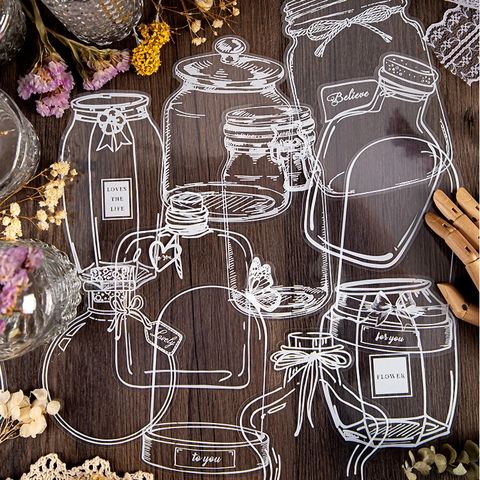 Adesivi PET Trasparenti Vintage Forme Di Bottiglie Mason Jar Arte Linea Bianca Per Scrapbooking DIY Journal Decorativi