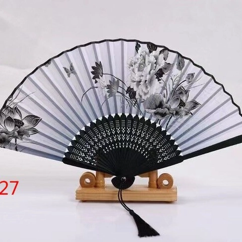 Abanico Plegable Mano Varillas Bambú Superficie Tela Estilo Japonés Chino Vintage Floral Mariposa Borla Regalo Decorativo