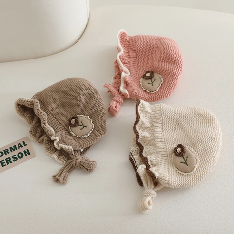 Baby Girl Knit Hat Winter Warm Ruffle Flower Crochet Bonnet With Tie Straps Princess Style Soft Infant Headwear