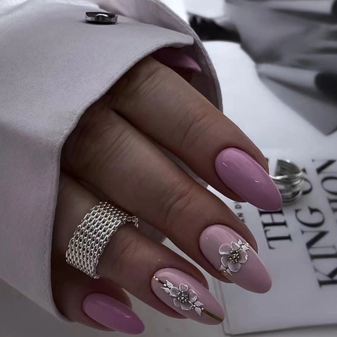 Almond Press On Nails Glossy Pink With 3D Flower Rhinestone Design Elegant False Nails For Women Manicure