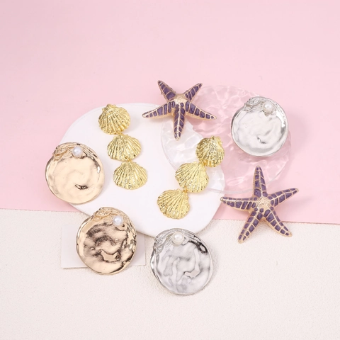 Ocean Seahorse Starfish Shell Dangle Earrings Alloy Imitation Artificial Pearl Rhinestone Summer Beach Jewelry Bohemian Style Women