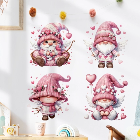Valentine's Day Gnomes Wall Stickers Pink Heart Cupid Wings PVC Waterproof Removable Window Clings For Home Bedroom Decor