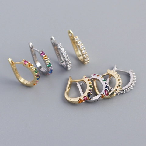 925 Sterling Silver U-Shape Hoop Earrings With Cubic Zirconia Minimalist Geometric Fashion Huggies Jewelry For Women