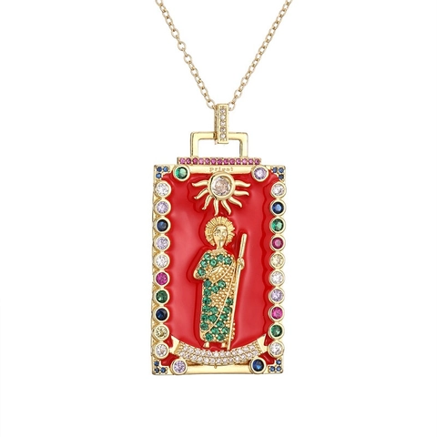 Tarot Card Pendant Necklace Gold Plated Copper Colorful Zircon Enamel Vintage Priest Death Totem Mystical Jewelry