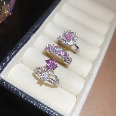 Elegant Pink Zircon Open Adjustable Ring For Women Geometric Flower Rhombic Design Copper Metal Sparkling Accessories
