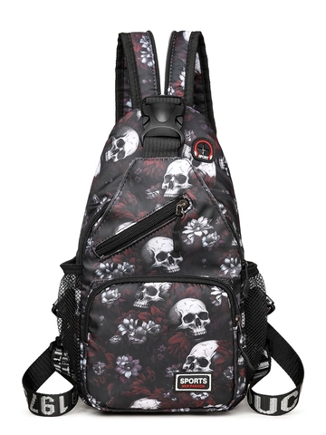 Borsa Da Petto Stampa Teschio Fiori Tessuto Oxford Borsa A Tracolla Con Foro Per Auricolari Multi Tasche Casual Gothic