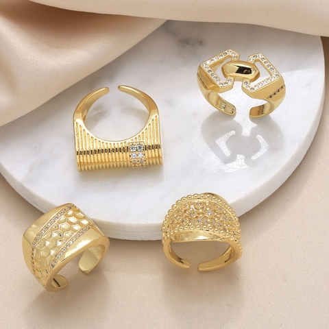 High End Irregular Geometric Open Ring For Women Copper Gold Plated Zirconia Inlaid Minimalist Fashion Finger Ring Jewelry Gift