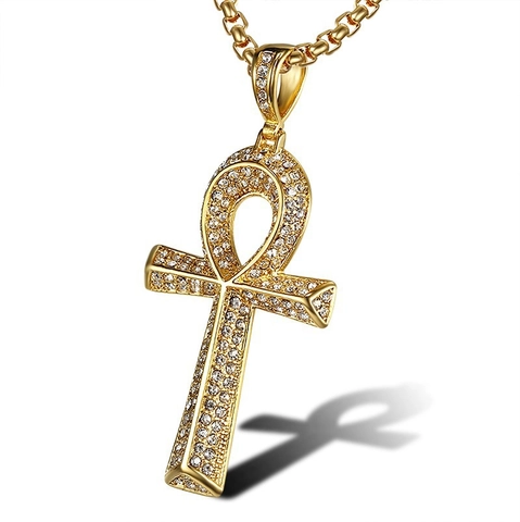Collana con Ciondolo a Croce Ankh Egiziana Hip Hop in Acciaio Inossidabile Strass Chiave della Vita Gioielli Uomo Donna Oro Argento