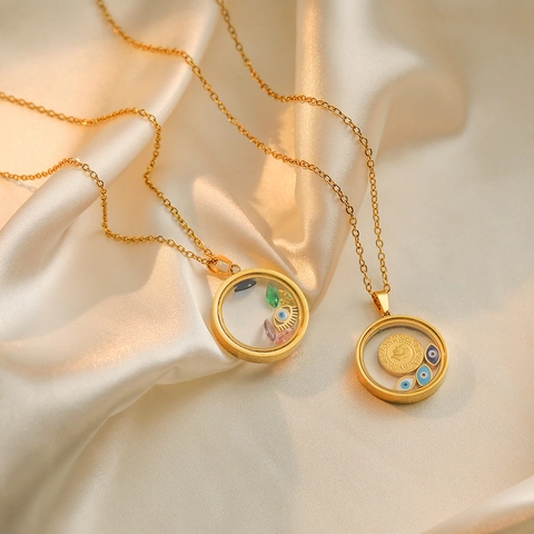 Collier Pendentif Mauvais Oeil Plaqué Or Acier Titane Rond Capsule Transparente Zircon Coloré Flottant Bijoux Bohème
