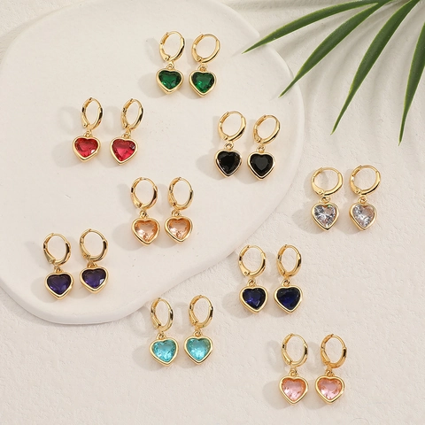 Heart Drop Earrings Copper Gold Plated With Colorful Zircon Inlaid Leverback Sweet Fashion Dangle For Women