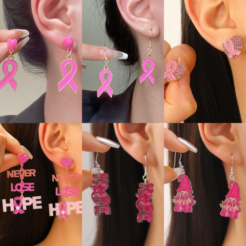 Pink Ribbon Breast Cancer Awareness Drop Earrings For Women Hope Gnome Heart Acrylic Alloy Enamel Dangle Earring Jewelry