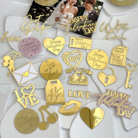 Valentine's Day Cake Toppers Acrylic Mirror Gold Cupcake Decoration For Anniversary Wedding Party Love Design