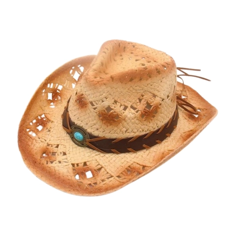 Vintage Western Cowboy Straw Hat Hollow Out Wide Brim Beach Sun Protection With Turquoise Faux Leather Band