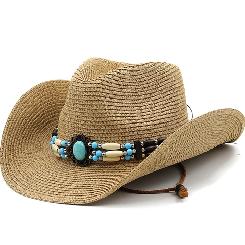 Western Cowboy Straw Hat For Women Men Outdoor Sun Protection Beach Hat With Bohemian Faux Turquoise Bead Decorative Band