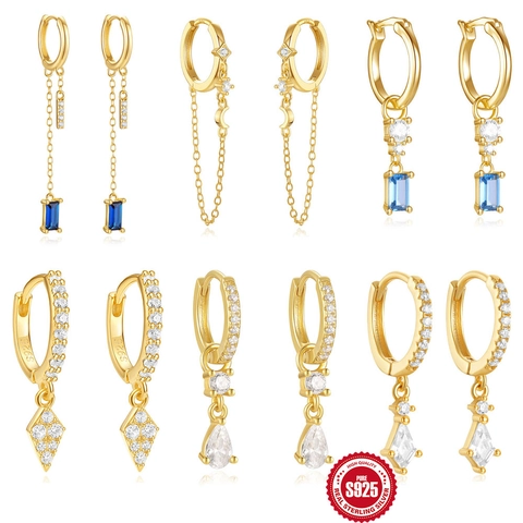 Orecchini a Cerchio in Argento Sterling 925 Placcato Oro Geometrici con Zirconia per Donna Orecchini Pendenti con Nappa Blu