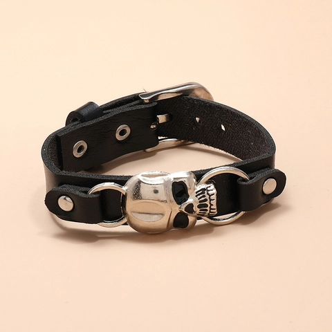 Bracelet En Cuir Punk Avec Crâne PU Alliage Squelette Rivet Boucle Réglable Gothique Unisexe