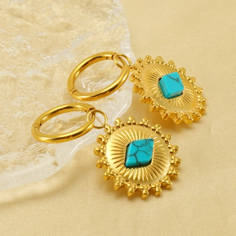 Stainless Steel Hoop Earrings 18K Gold Plated Turquoise Starburst Star Dangle Pendant Bohemian Vintage Jewelry For Women