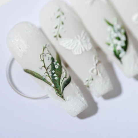 Autocollants Ongles Relief 5D Muguet Nœud Blanc Auto-adhésif Ultra Mince Style Japonais Décoration Ongles DIY Femmes