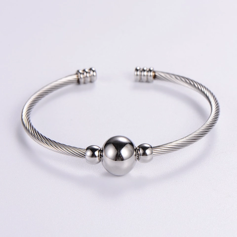Pulsera De Cable De Acero Inoxidable Torsido Brazalete Abierto Con Cuentas Joyería Ajustable Minimalista Para Mujer