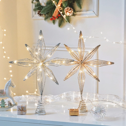 LED Lighted Christmas Tree Topper Star Iron Art Glitter Hollow Octagonal Star Xmas Holiday Tree Decorations