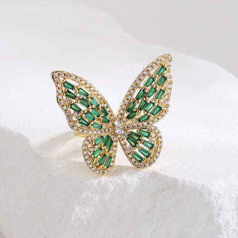 Anillo Aperto Regolabile Farfalla Rame Placcato Oro Zirconia Cubica Colorata Gioielli Di Moda Eleganti Per Donna