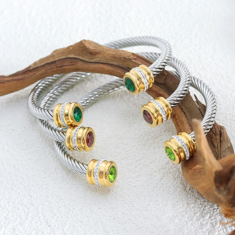 Twisted Cable Open Cuff Bracelet Stainless Steel Colorful Zircon Rhinestone Adjustable Mixed Toned Retro Jewelry For Women