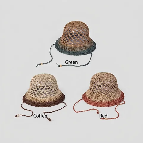 Cappello A Secchiello Paglia Di Carta Uncinetto Tesa Larga Protezione Solare Estate Spiaggia Mano Cinturino Perline Legno