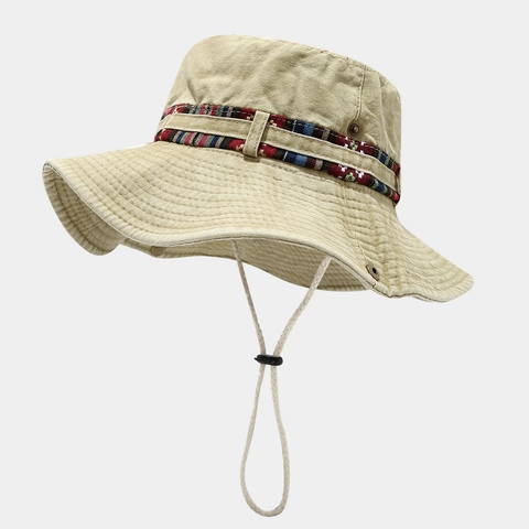 Cappello Pescatore Cotone Lavato Protezione Solare Tesa Larga Pesca Escursionismo Fascia Tessuta Etnica Corda Antivento Regolabile Unisex