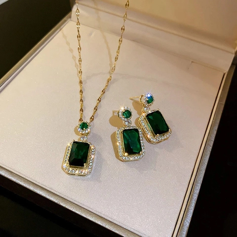 Collana Orecchini Anello Rame Zircone Rettangolo Blu Verde Pietra Preziosa Retrò Palazzo Lusso Francese Donne Accessorio