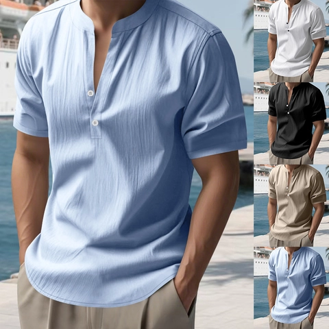 Camisa de Lino para Hombre Verano Casual Manga Corta Color Sólido Cuello Alto Holgada Transpirable Vacaciones Henley para Diario Playa Vacaciones Ropa de Hombre