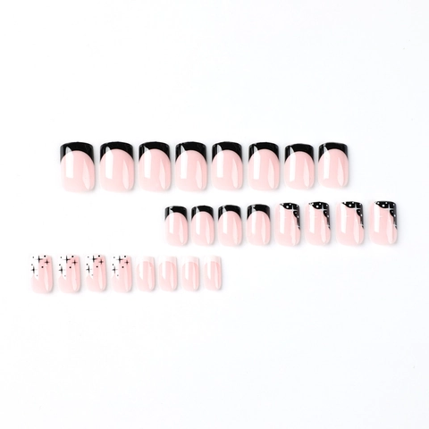 French Black White Contrast Tip Press On Nails Star Pattern Nude Pink Square Long False Nails For Women Daily Wear
