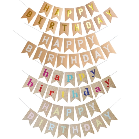 Happy Birthday Banner Kraft Paper Gold Foil Swallowtail Bunting Burlap Style Party Decoration Hanging Sign