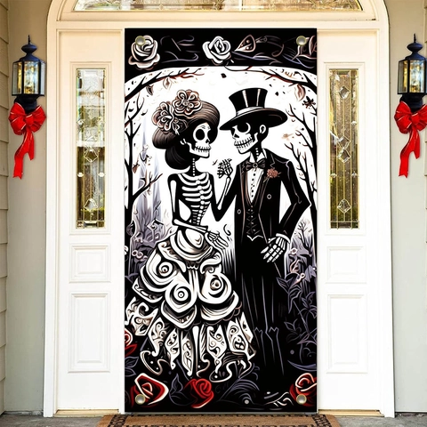 Halloween Door Banner Skeleton Couple Wedding Theme Polyester Cloth Backdrop Party Decoration Day Of The Dead Style
